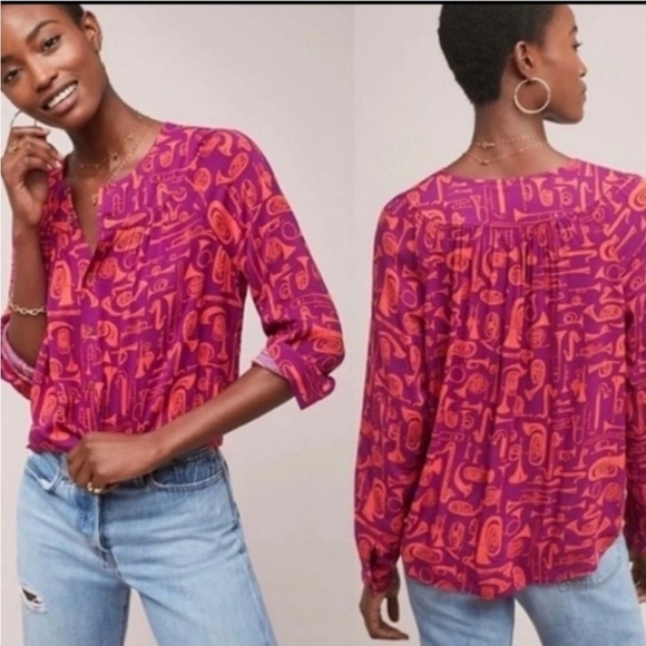 22 of 52 Conversations Anthropologie Limited Edition Toot Your Horn Blouse Sz 2 - Picture 1 of 11
